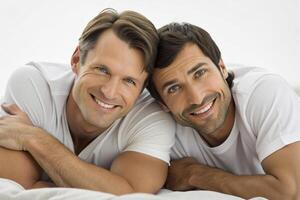 AI generated gay couple lying , boyfriend photo