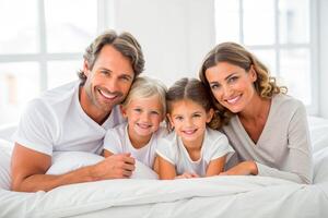 AI generated happy family on white bed in the bedroom photo