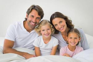 AI generated happy family on white bed in the bedroom photo