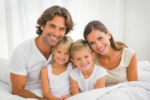 AI generated happy family on white bed in the bedroom photo