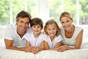 ai generado contento familia en blanco cama en el dormitorio foto