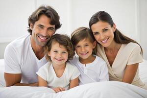 AI generated happy family on white bed in the bedroom photo