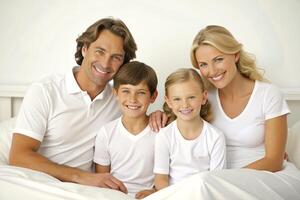 ai generado contento familia en blanco cama en el dormitorio foto