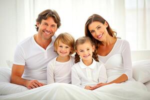 AI generated happy family on white bed in the bedroom photo