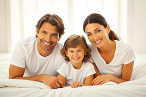 AI generated happy family on white bed in the bedroom photo