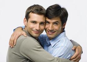 AI generated young couple gay hugging photo