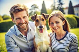 AI generated happy couple and dog, pet photo