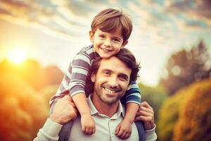 AI generated father carrying his smiling son on neck photo