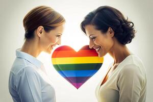 ai generado contento lesbiana Pareja amor arco iris amor foto