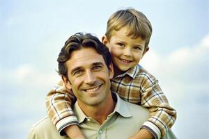 ai generado padre que lleva su sonriente hijo en cuello foto