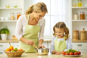 ai generado madre y hija Cocinando a cocina foto