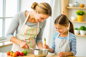 ai generado madre y hija Cocinando a cocina foto