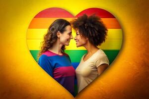 ai generado contento lesbiana Pareja amor arco iris amor foto