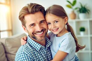 ai generado yo amor tú, papá joven hombre a hogar con su pequeño linda niña foto