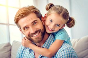 ai generado yo amor tú, papá joven hombre a hogar con su pequeño linda niña foto