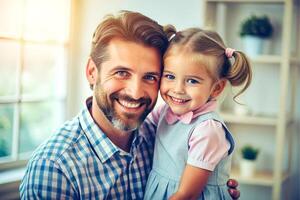 ai generado yo amor tú, papá joven hombre a hogar con su pequeño linda niña foto