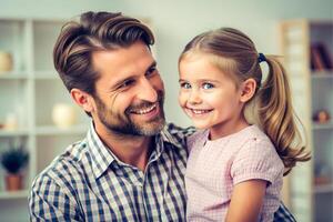 ai generado yo amor tú, papá joven hombre a hogar con su pequeño linda niña foto