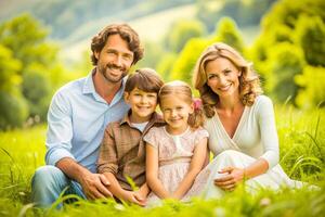 AI generated Happy young family spending time together outside in green nature. photo