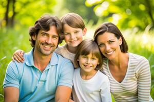 AI generated Happy young family spending time together outside in green nature. photo