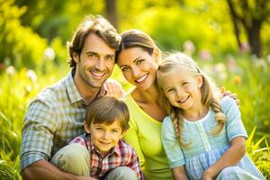 AI generated Happy young family spending time together outside in green nature. photo