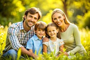 AI generated Happy young family spending time together outside in green nature. photo