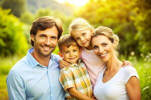 ai generado contento joven familia gasto hora juntos fuera de en verde naturaleza. foto