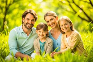 ai generado contento joven familia gasto hora juntos fuera de en verde naturaleza. foto