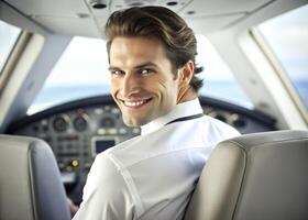 ai generado confidente masculino piloto sonriente mientras sentado en cabina foto