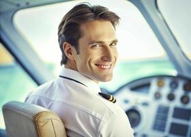 AI generated confident male pilot smiling while sitting in cockpit photo