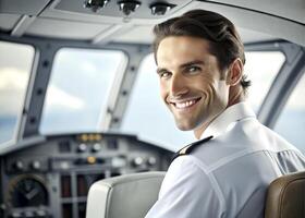 AI generated confident male pilot smiling while sitting in cockpit photo