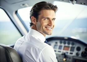 AI generated confident male pilot smiling while sitting in cockpit photo