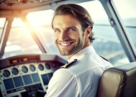 AI generated confident male pilot smiling while sitting in cockpit photo