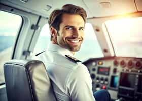 AI generated confident male pilot smiling while sitting in cockpit photo