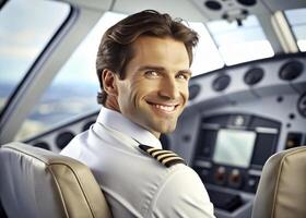 AI generated confident male pilot smiling while sitting in cockpit photo