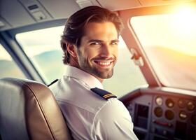 AI generated confident male pilot smiling while sitting in cockpit photo