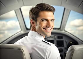 AI generated confident male pilot smiling while sitting in cockpit photo