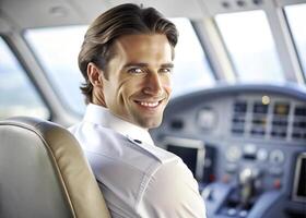 AI generated confident male pilot smiling while sitting in cockpit photo