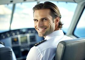 AI generated confident male pilot smiling while sitting in cockpit photo