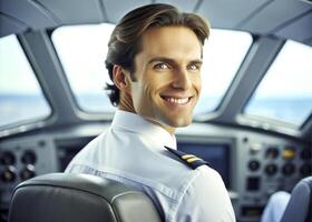 AI generated confident male pilot smiling while sitting in cockpit photo