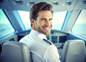 AI generated confident male pilot smiling while sitting in cockpit photo