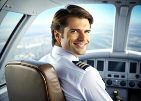 AI generated confident male pilot smiling while sitting in cockpit photo