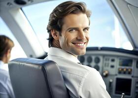 AI generated confident male pilot smiling while sitting in cockpit photo