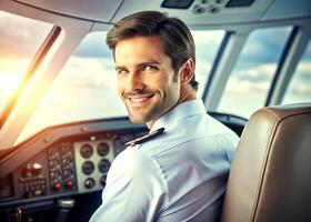 AI generated confident male pilot smiling while sitting in cockpit photo