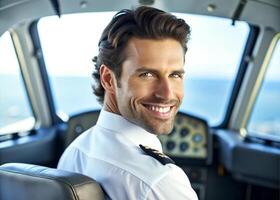 AI generated confident male pilot smiling while sitting in cockpit photo