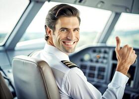 AI generated confident male pilot smiling while sitting in cockpit photo