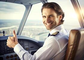 AI generated confident male pilot smiling while sitting in cockpit photo