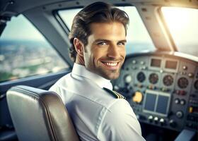 AI generated confident male pilot smiling while sitting in cockpit photo