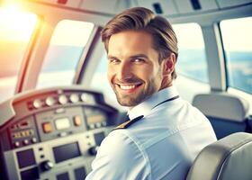 AI generated confident male pilot smiling while sitting in cockpit photo