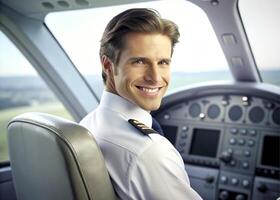 AI generated confident male pilot smiling while sitting in cockpit photo