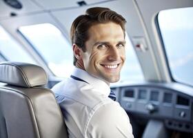 AI generated confident male pilot smiling while sitting in cockpit photo